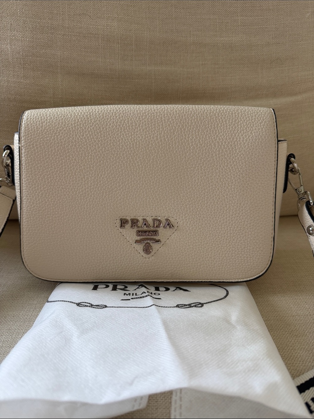 Prada Cream Pebbled Leather Shoulder Bag with Silver Logo